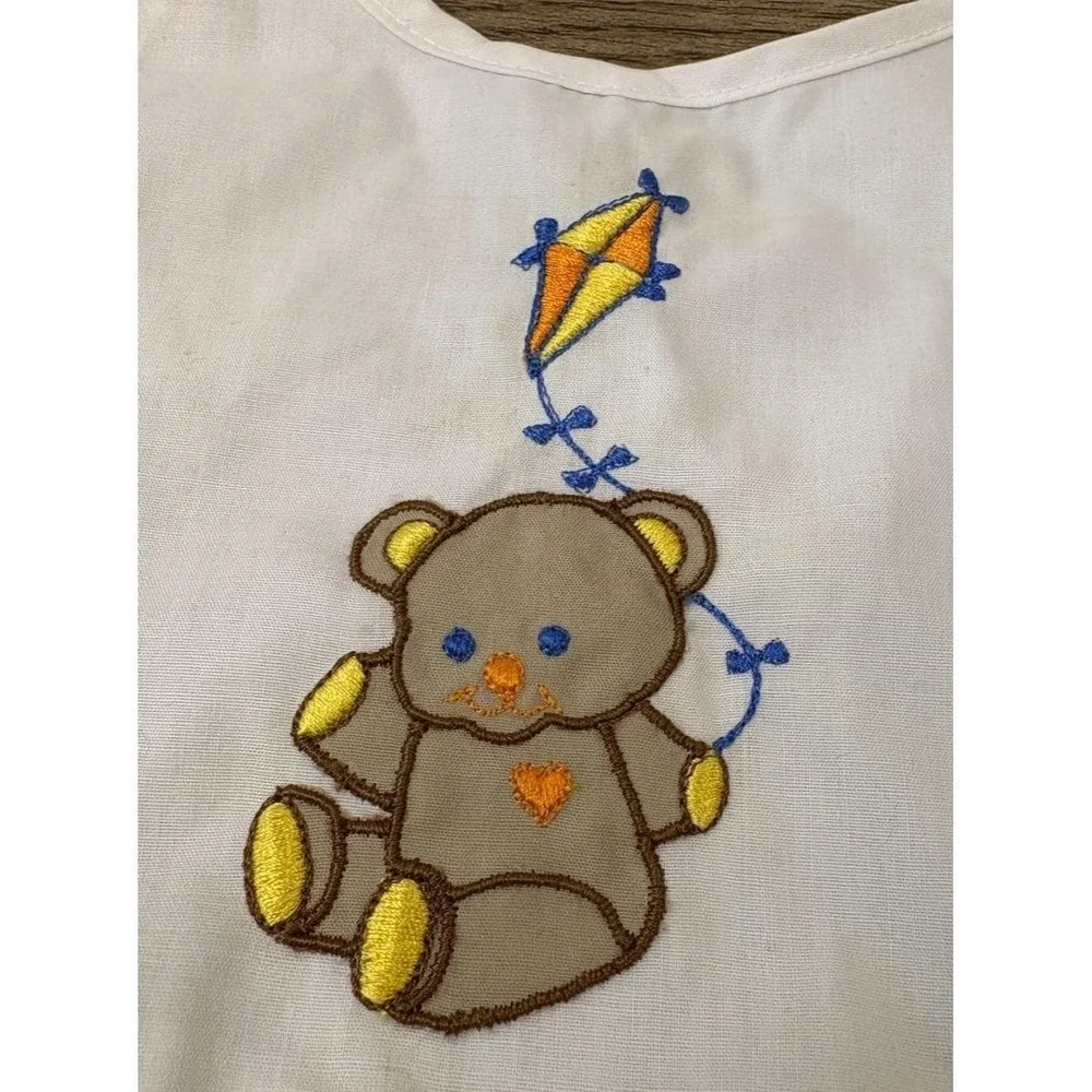 Vintage Hand Embroidered Baby Bib Teddy Bear Flying Kite